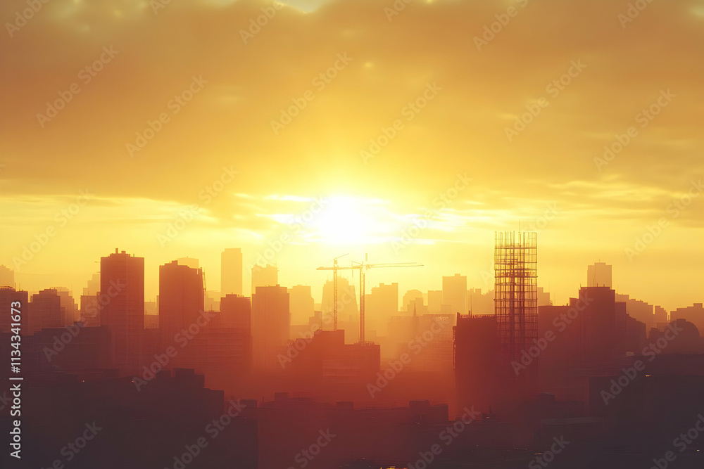 Golden sunset cityscape silhouette with construction cranes. Golden sunset cityscape silhouette with construction cranes.