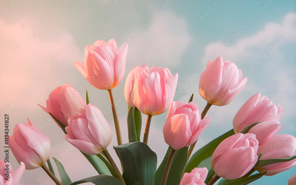 Beautiful pink tulips basking in the warm glow of sunrise by the water, creating a serene and picturesque scene. Beautiful pink tulips basking in the warm glow of sunrise by the water, creating a serene and picturesque scene.