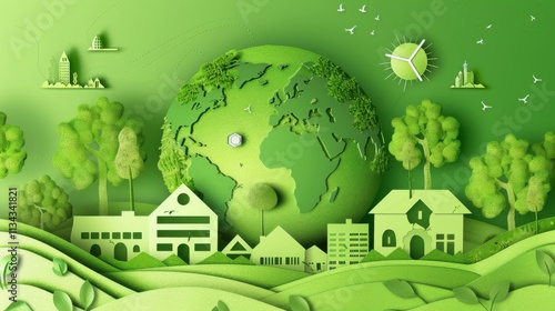 A green Earth encircled by green sustainable community living models, such as eco-villages and co-housing projects, symbolizing community-based sustainability photo