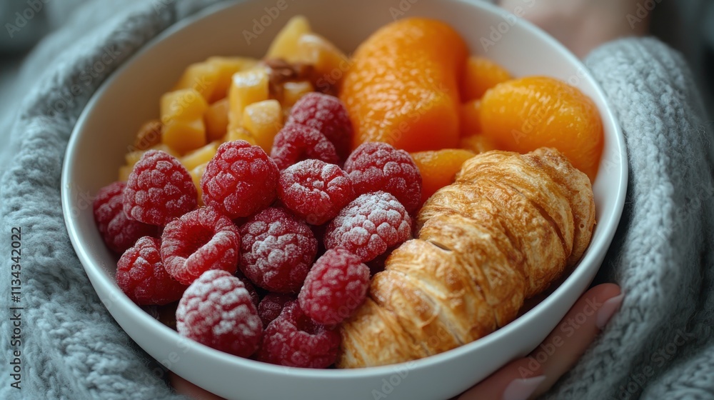 A bowl of fresh fruit and a croissant, perfect for a healthy breakfast or snack. A bowl of fresh fruit and a croissant, perfect for a healthy breakfast or snack.