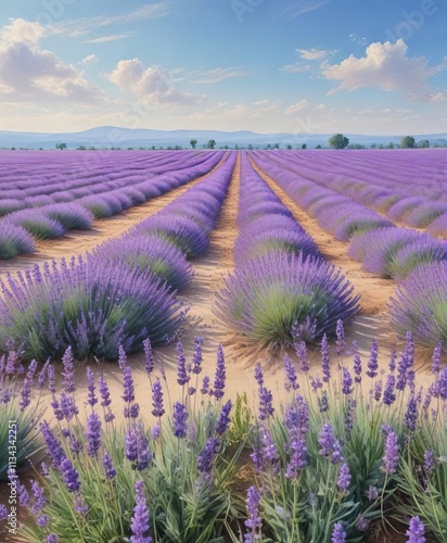 Watercolor painting of a field of lavender flowers against a pale blue sky   sunny day  serene landscape