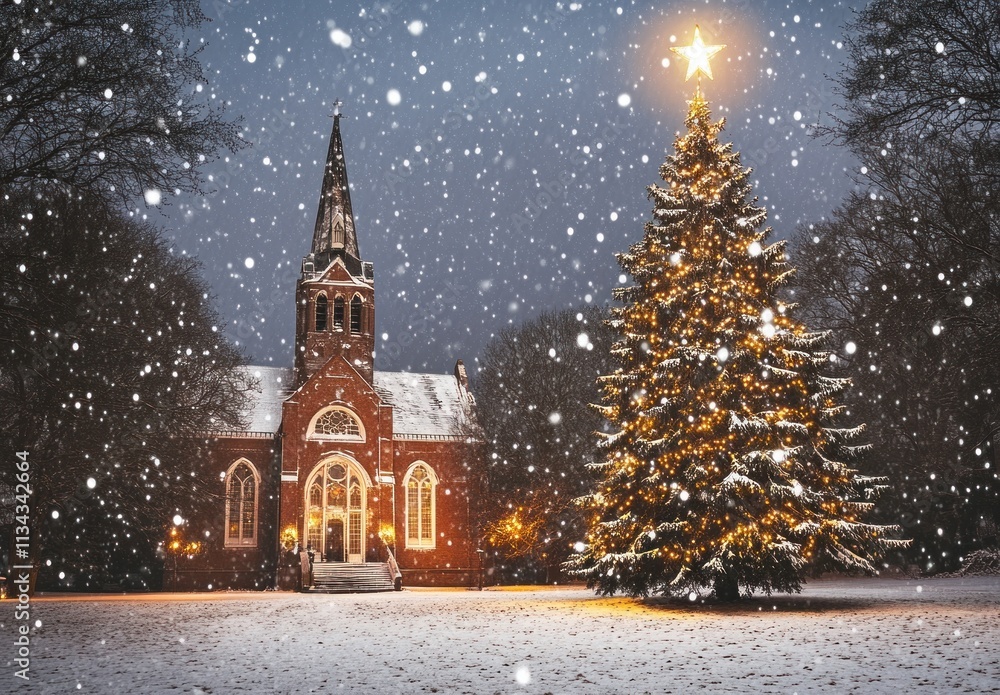 Snowy Christmas Eve scene with church and tree. Snowy Christmas Eve scene with church and tree.