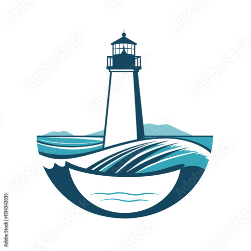 Stylized lighthouse amidst waves in a circular frame.