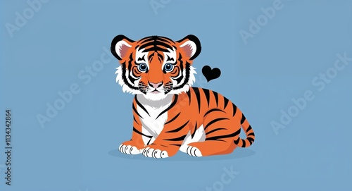 A baby tiger with heart shaped stripes kid art illustration on a plain blue background photo