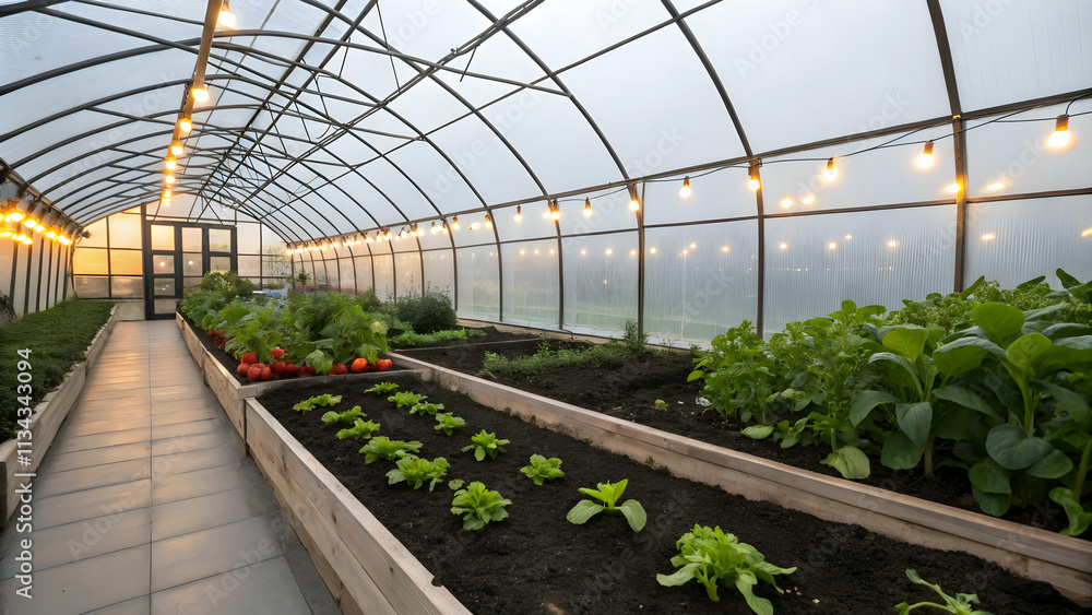 Urban Vegetable Plot in Greenhouse with Glossy Soil and Illuminated Lights Showcasing Urban Agriculture Urban Vegetable Plot in Greenhouse with Glossy Soil and Illuminated Lights Showcasing Urban Agriculture