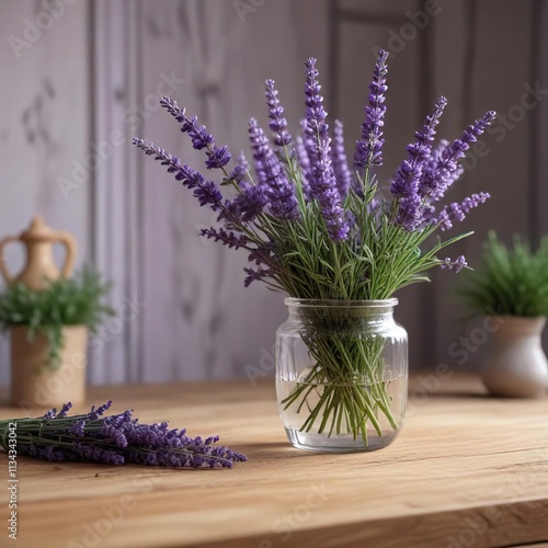 The wooden table surface with a few sprigs of fresh lavender tucked behind the vase for added fragrance, wooden table, fresh lavender