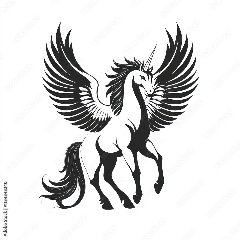 Majestic winged unicorn, black and white illustration, fantasy creature. Majestic winged unicorn, black and white illustration, fantasy creature.