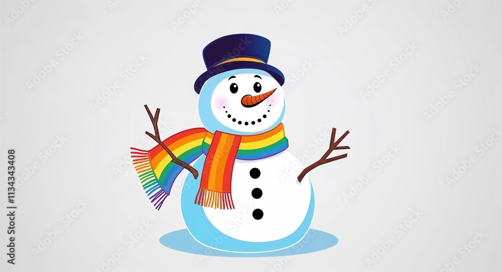 A cheerful snowman wearing a rainbow scarf kid cute art illustration on a plain white background A cheerful snowman wearing a rainbow scarf kid cute art illustration on a plain white background