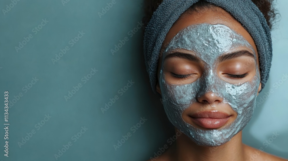 A woman with a blue facial mask relaxing, promoting skincare and self-care. A woman with a blue facial mask relaxing, promoting skincare and self-care.