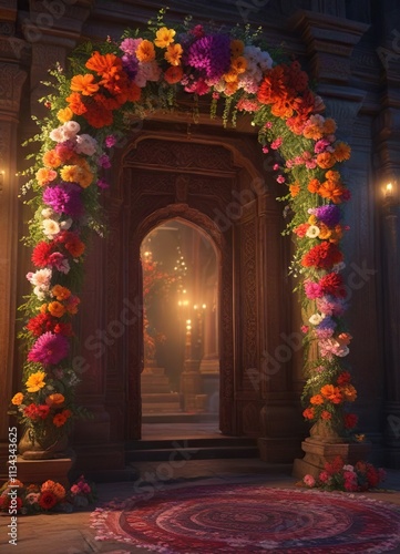 Intricate floral garland draped across a mystical Indian shrine s archway  indian architecture  garlands