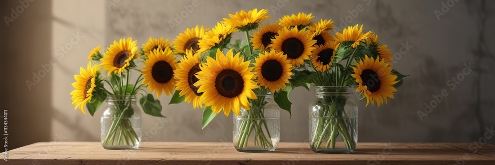 Obraz premium A bouquet of vintage sunflowers in a glass jar, airy, glass jar, decorative