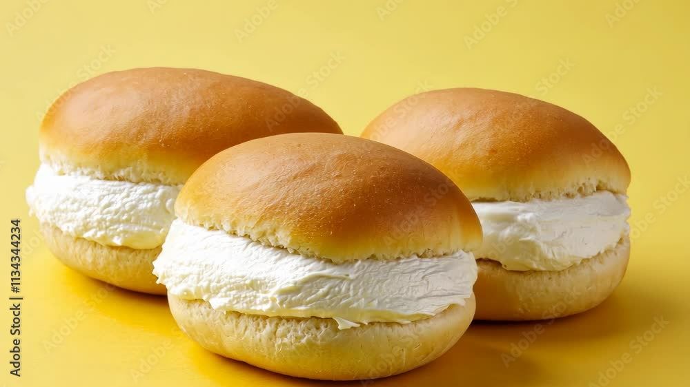 Cream-filled buns arranged on a bright yellow background for a delightful dessert experience Cream-filled buns arranged on a bright yellow background for a delightful dessert experience