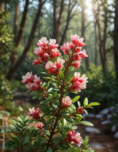 Bearberry flowers Arctostaphylos uva ursi plant in a forest landscape, wildflower, nature, alpine photo