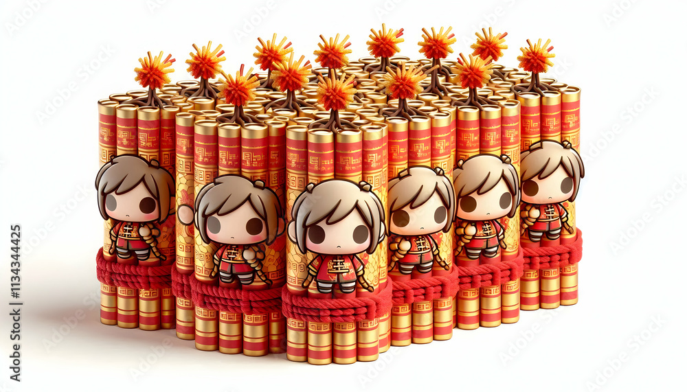 3D Vector image of a Chinese firecracker string isolated on white background. concept as A detailed vector illustration of a string of traditional Chinese firecrackers symbolizing celebration and ward 3D Vector image of a Chinese firecracker string isolated on white background. concept as A detailed vector illustration of a string of traditional Chinese firecrackers symbolizing celebration and ward