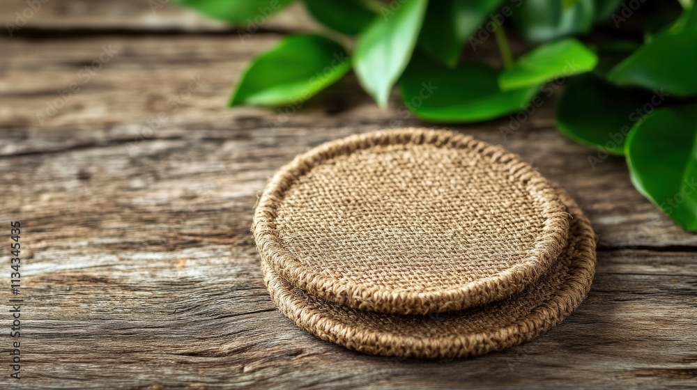 Two burlap coasters rest on a wooden surface near green leaves Two burlap coasters rest on a wooden surface near green leaves
