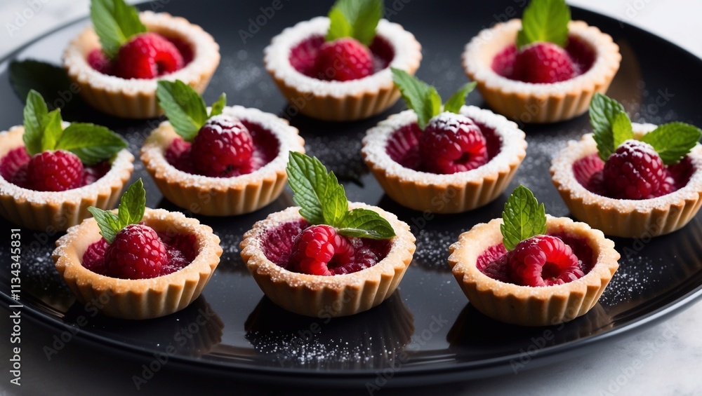 Delicious raspberry tartlets garnished with fresh mint and powdered sugar on a black plate Delicious raspberry tartlets garnished with fresh mint and powdered sugar on a black plate