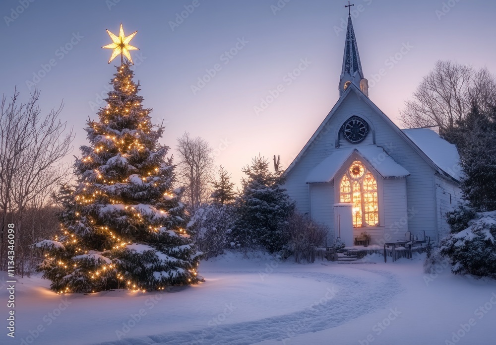 Snowy Christmas tree beside illuminated church at twilight. Snowy Christmas tree beside illuminated church at twilight.