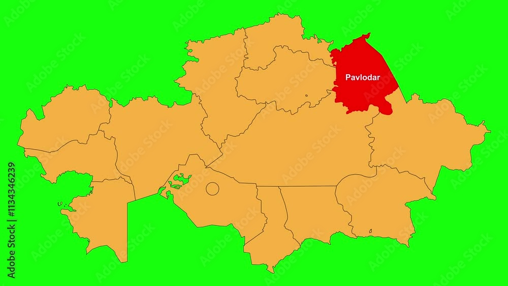 Pavlodar map animated video. The location is highlighted on the Kazakhstan map. Colour map with Green screen background in video format. Pavlodar map animated video. The location is highlighted on the Kazakhstan map. Colour map with Green screen background in video format.