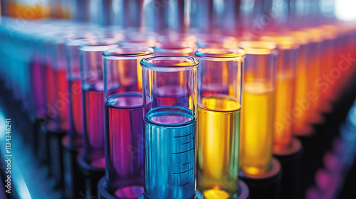 Colorful test tubes in a science lab setting, glowing with vibrant hues for a dynamic website banner or background header