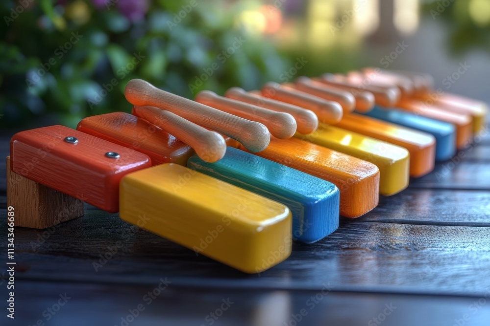 Naklejka premium Colorful xylophone with mallets on top resting outdoors