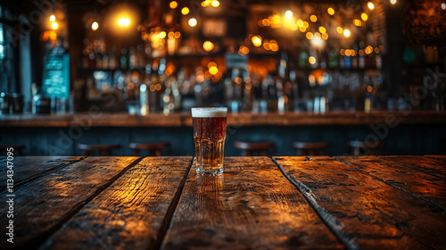 Warm pub interior with a single pint of beer on a rustic wooden table, glowing lights in the background, perfect for a cozy banner photo