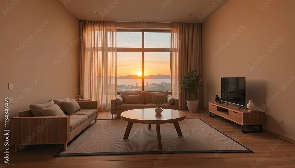 A modern living room with a large window offering a scenic view of the sunset. A modern living room with a large window offering a scenic view of the sunset.
