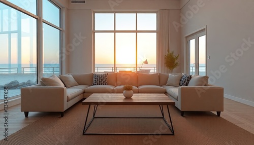 A modern living room with large windows overlooking the ocean  featuring a wooden coffee table with a vase of flowers  two beige sofas  and a rug on the floor.