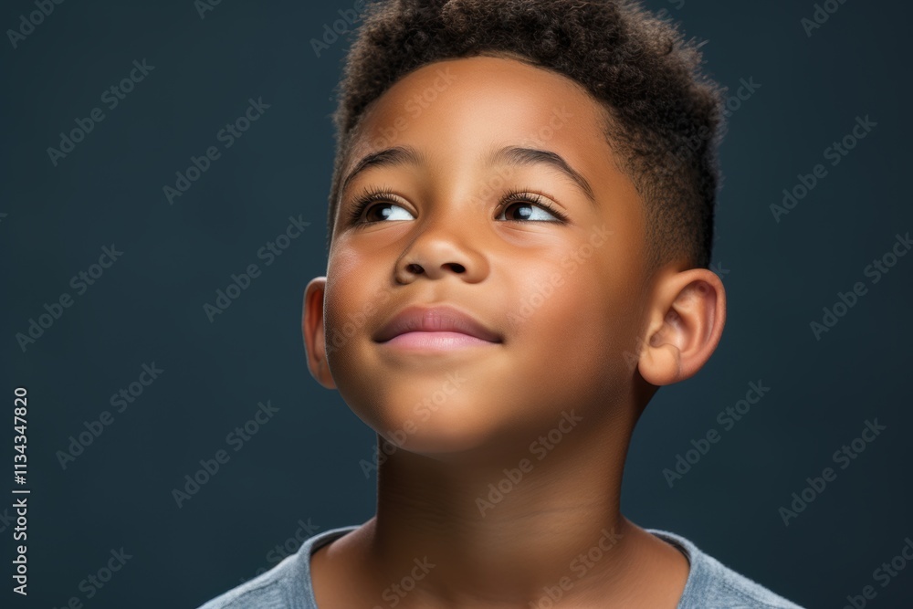 A young boy with a black afro is looking up at the camera with a smile on his fa A young boy with a black afro is looking up at the camera with a smile on his fa