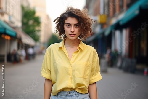 A woman in a yellow shirt stands on a sidewalk in front of a building