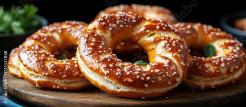 Close-up of three golden-brown pretzels sprinkled with salt on a wooden board.