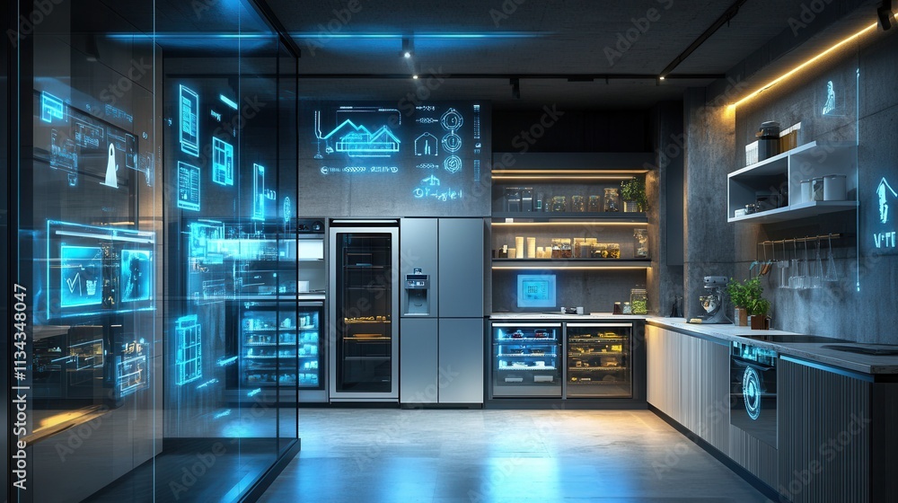 a smart home setup where devices like refrigerators, thermostats, and lights communicate seamlessly via a holographic control panel. a smart home setup where devices like refrigerators, thermostats, and lights communicate seamlessly via a holographic control panel.