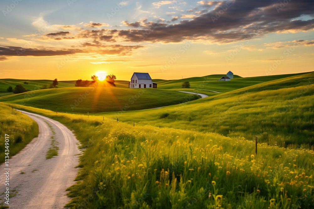 Obraz premium Golden Sunset Over Serene Fields and Road