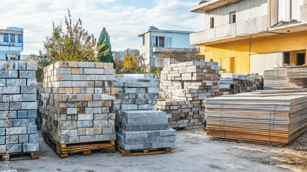 Stacked Construction Materials at a Building Site Stacked Construction Materials at a Building Site