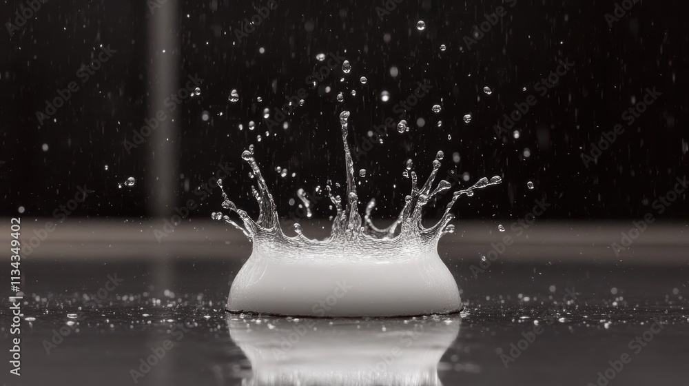 Water droplet impact, splash, crown-like shape, on dark surface. Water droplet impact, splash, crown-like shape, on dark surface.