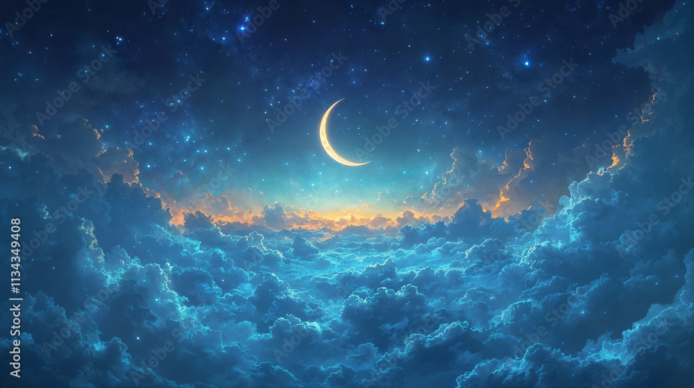 Ethereal crescent moon above fluffy clouds illuminated by starlight, perfect for a dreamy night sky background header or website banner Ethereal crescent moon above fluffy clouds illuminated by starlight, perfect for a dreamy night sky background header or website banner