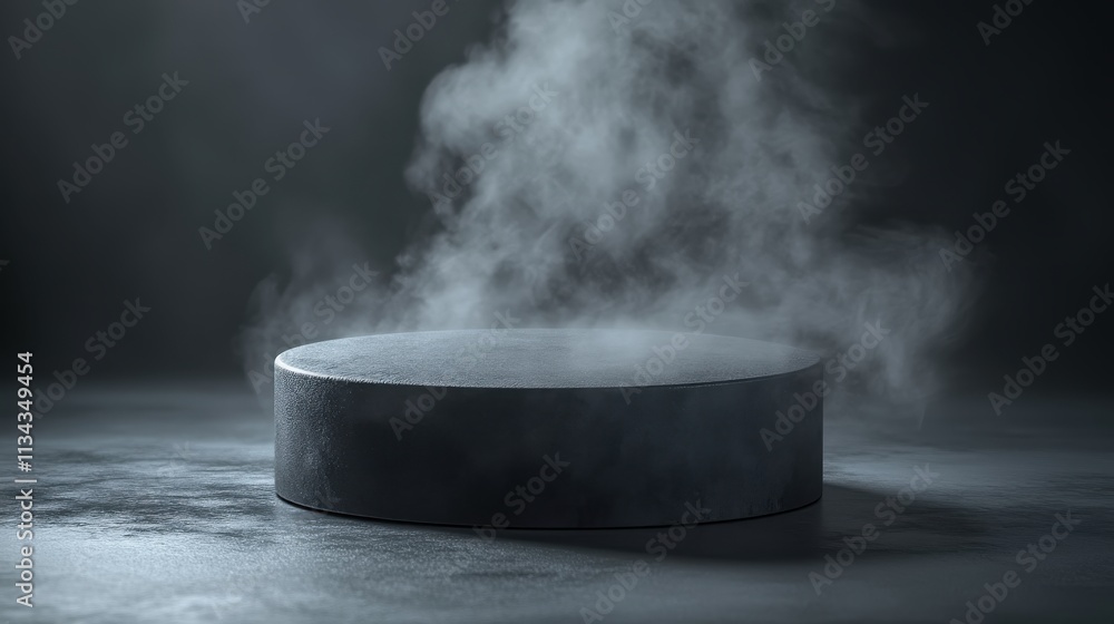 A dark, misty scene featuring a circular object emitting steam. A dark, misty scene featuring a circular object emitting steam.