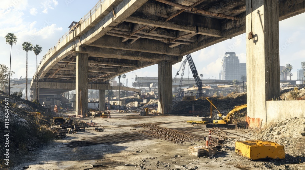 A partially built highway overpass, with exposed rebar and construction materials scattered across the work zone A partially built highway overpass, with exposed rebar and construction materials scattered across the work zone