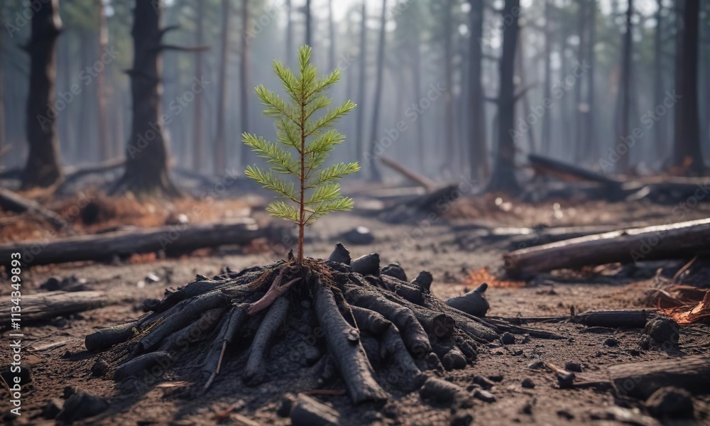 Fototapeta premium Small pine tree sapling emerging from charred forest ground, ecosystem, flames