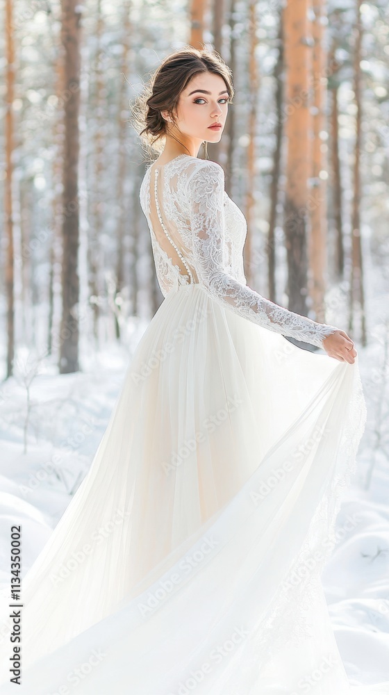 Bride in a delicate lace wedding gown holding a white floral bouquet, standing outside a rustic barn on a snowy winter day. Bride in a delicate lace wedding gown holding a white floral bouquet, standing outside a rustic barn on a snowy winter day.