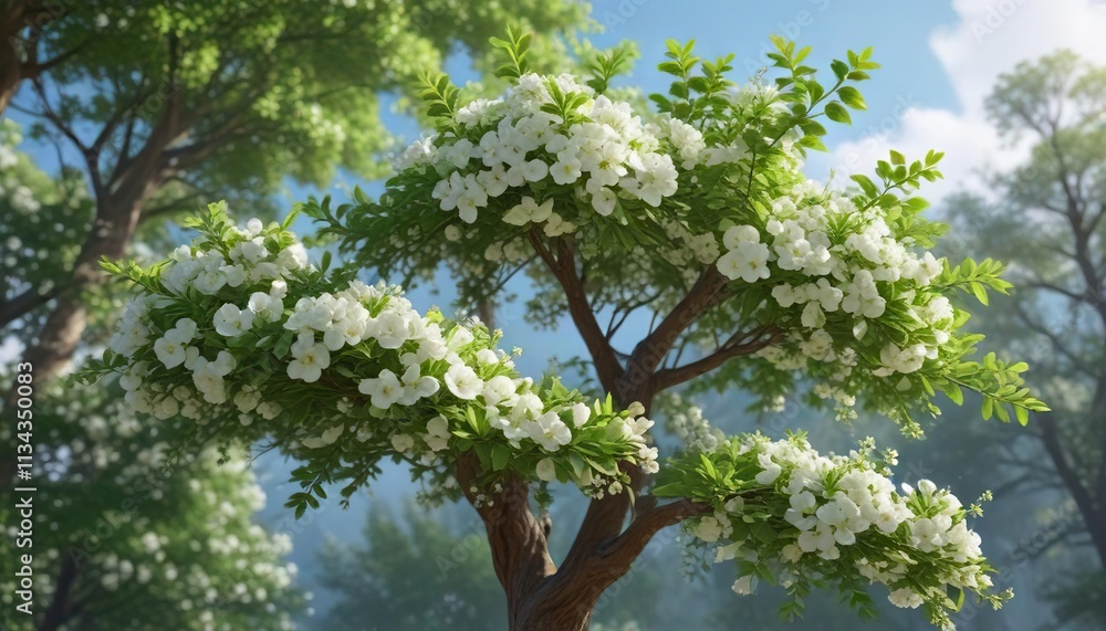 Fototapeta premium Tall tree with green leaves and white flowers, flowering tree, garden
