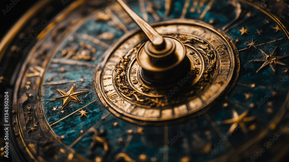 Antique astrological compass with intricate designs at a close-up angle Antique astrological compass with intricate designs at a close-up angle