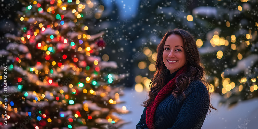portrait of a woman standing next to a christmas tree at night portrait of a woman standing next to a christmas tree at night