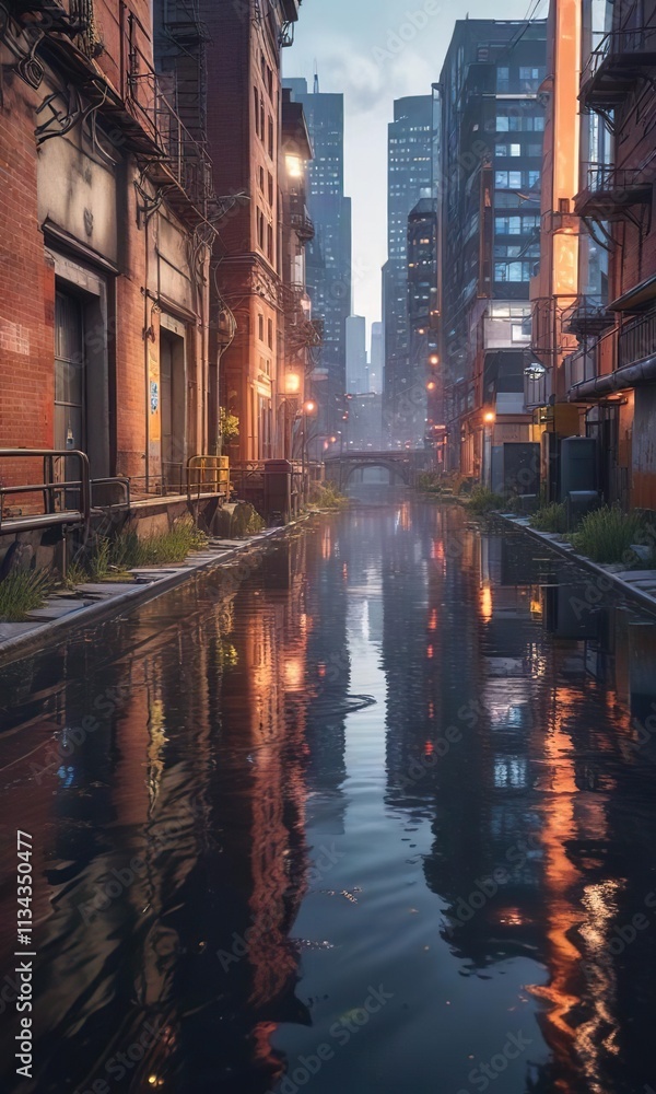 Fototapeta premium A city's water supply contaminated by human waste, polluted water, waterlogged buildings