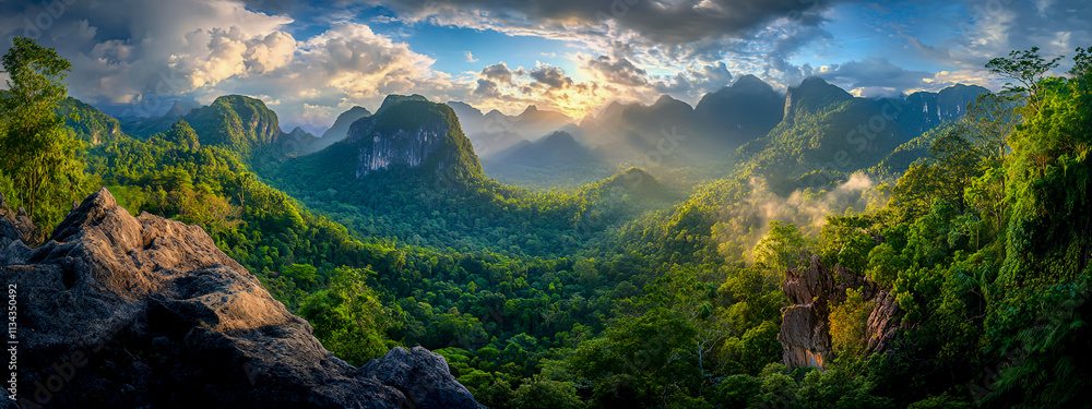 Panoramic Photograph of a Lush Jungle in Mountainous Terrain with Overlooking Rocky Cliffs Panoramic Photograph of a Lush Jungle in Mountainous Terrain with Overlooking Rocky Cliffs