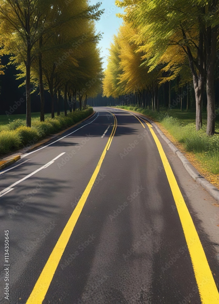 Fototapeta premium A winding asphalt road with yellow and black striped curb borders and trees on both sides , nature, tree, curb