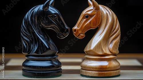 Two opposing chess knights face off on a chessboard.