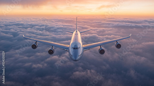 Majestic airplane above golden clouds, ideal for travel-related promotional banners or website headers photo