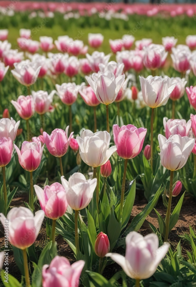 Fototapeta premium White and pink tulips in full bloom in a sunny meadow, blossoms, serene