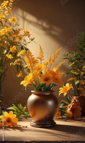 Wallpaper Mural Warmly lit botanical still life with golden hues, oil painting, abstract flowers Torontodigital.ca