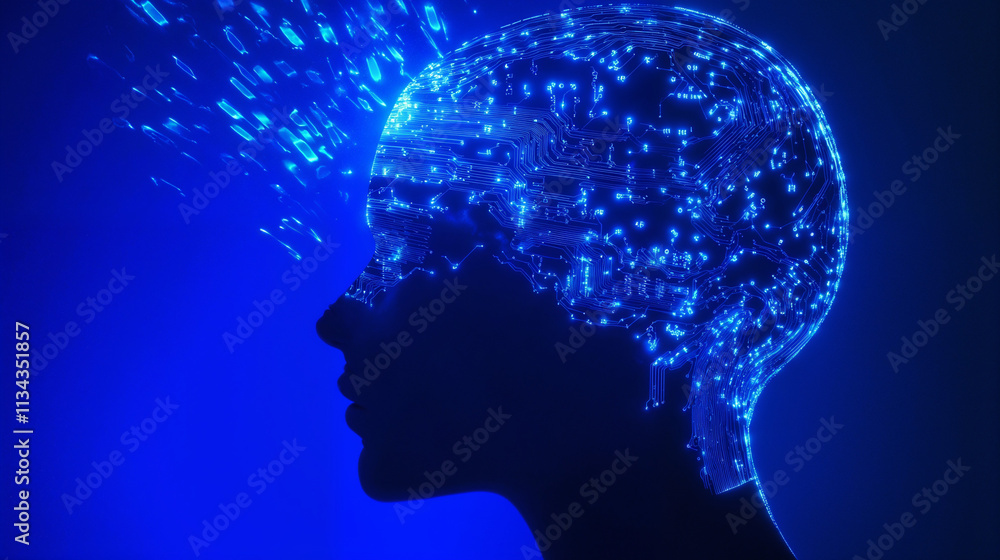 Obraz premium Abstract glowing female face in digital blue light, artificial intelligence and tech innovation background header or website banner